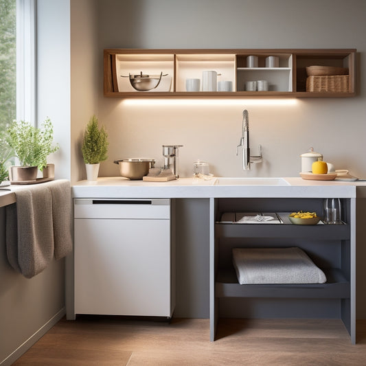 A tidy, modern kitchen sink area with a slide-out drawer, a pedestal with built-in shelves, and a wall-mounted storage unit, all in a sleek, minimalist design, with a subtle warm lighting effect.