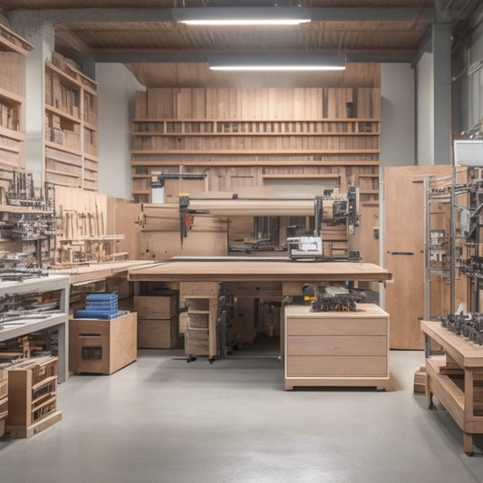 A clutter-free workshop with a large CNC machine at its center, surrounded by neatly organized tools and materials, with a partially built wooden desk and a few 3D printed objects on a nearby shelf.