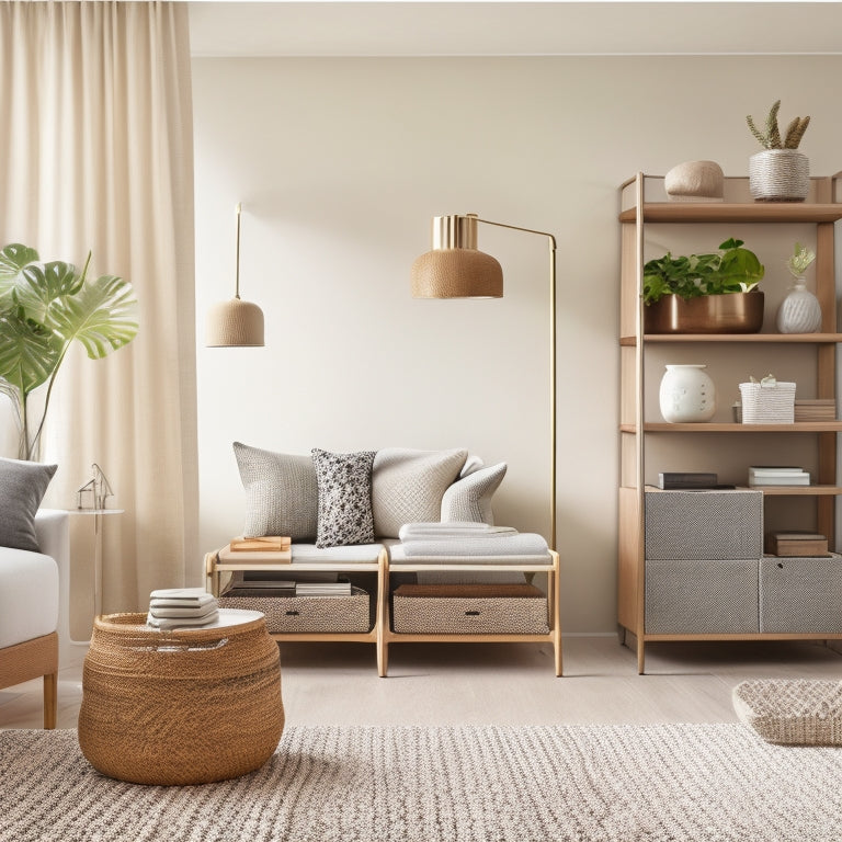 A clutter-free living room with a minimalist aesthetic, featuring a sleek shelving unit, woven storage baskets, and a modern desk organizer, all in a calming neutral color palette.