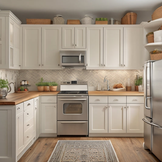 A tidy, L-shaped kitchen with creamy white cabinets, warm wood countertops, and stainless steel appliances, featuring a pull-out pantry, a pegboard, and a utensil organizer on the back of a door.