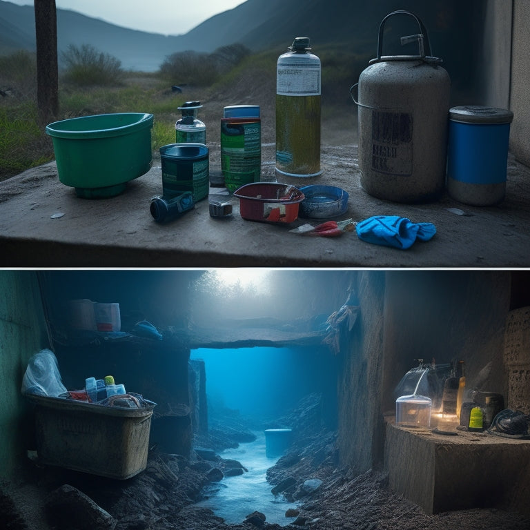 A dramatic, high-contrast image featuring a split-screen composition: a dirty, polluted environment on one side, and a clean, organized space with a water filter, first aid kit, and sanitation supplies on the other.