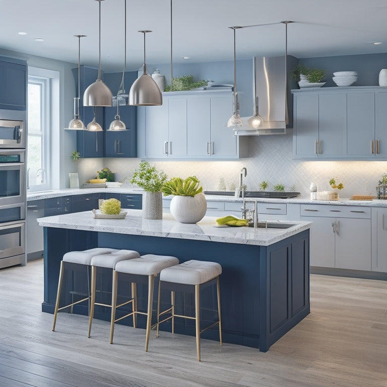 A bright, modern kitchen with ample counter space, a large island, and a U-shaped layout, featuring a mix of high-gloss and matte finishes, and a combination of pendant and recessed lighting.