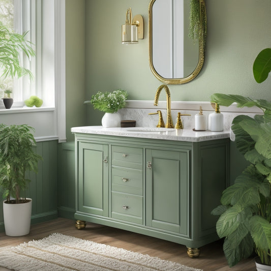 A serene bathroom vanity with a minimalist countertop, a sleek double sink, and a spacious cabinet with ornate hardware, surrounded by a few carefully placed decorative items and a lush green plant.