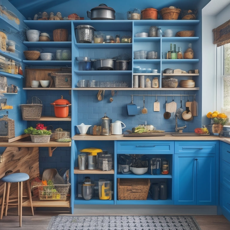 A cluttered, L-shaped kitchen with angled, mismatched cabinets and a narrow, winding staircase, featuring creative shelving solutions, including a pegboard, floating shelves, and a utensil organizer attached to a door.