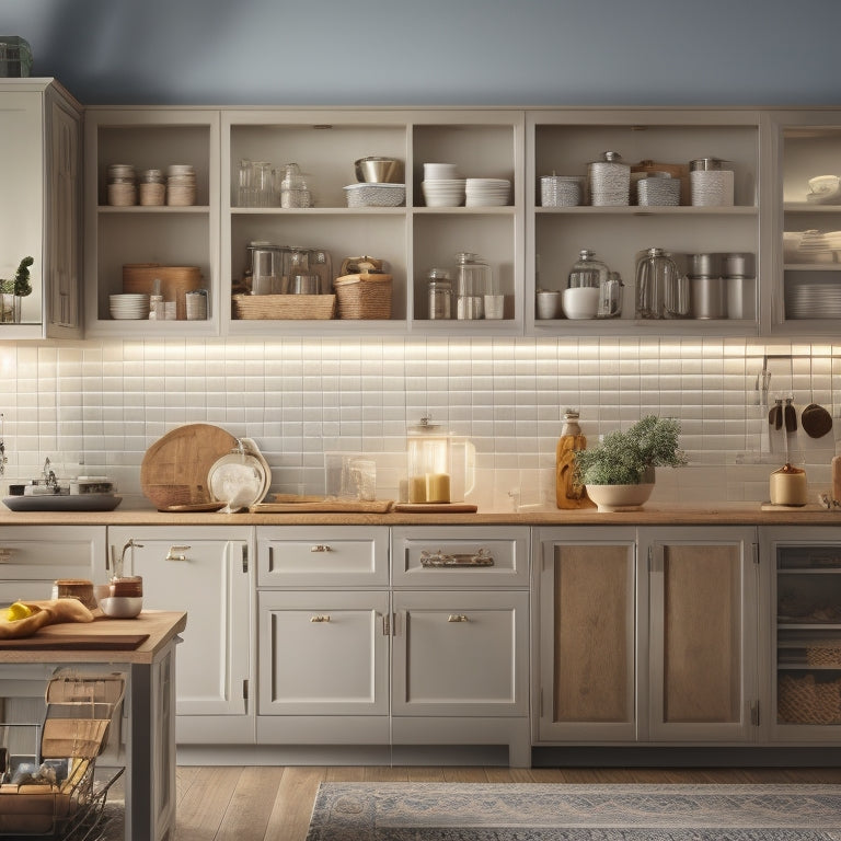 A well-organized kitchen with soft, warm lighting, featuring cabinets with varied drawer sizes, adjustable shelves, and a mix of open and closed storage, surrounded by utensils and cookware.