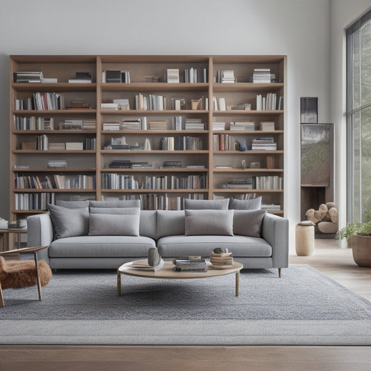 A serene and clutter-free living room with a minimalist sectional sofa, a floor-to-ceiling bookshelf with neatly arranged books, and a sleek storage ottoman with a subtle wood grain finish.