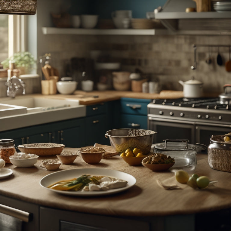 A cluttered kitchen scene with overflowing countertops, stacked dirty dishes, and a messy island, contrasted with a faint outline of a clean and organized kitchen in the background.