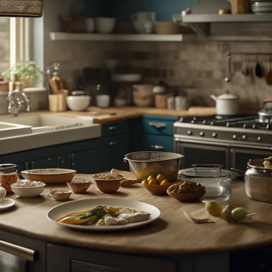 A cluttered kitchen scene with overflowing countertops, stacked dirty dishes, and a messy island, contrasted with a faint outline of a clean and organized kitchen in the background.