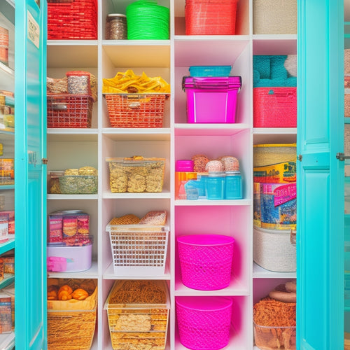 A bright, organized pantry with dollar store baskets, bins, and containers in pastel colors, filled with neatly stacked canned goods, spices, and snacks, with a few cleverly repurposed items.