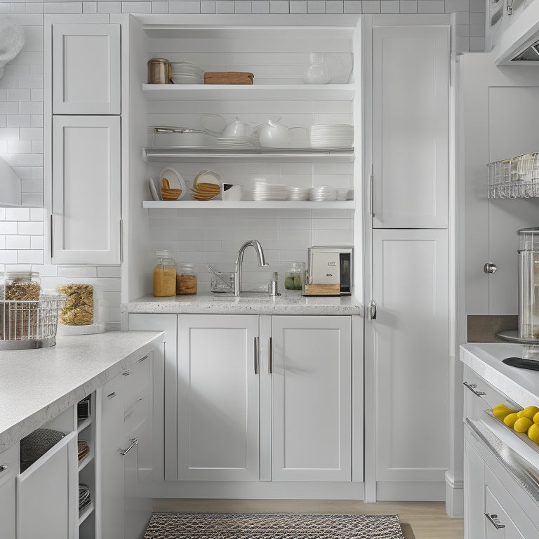 A bright, modern kitchen with sleek white cabinets, featuring a pull-out pantry with baskets, a lazy Susan in a corner cabinet, and a utensil organizer on the back of a door.