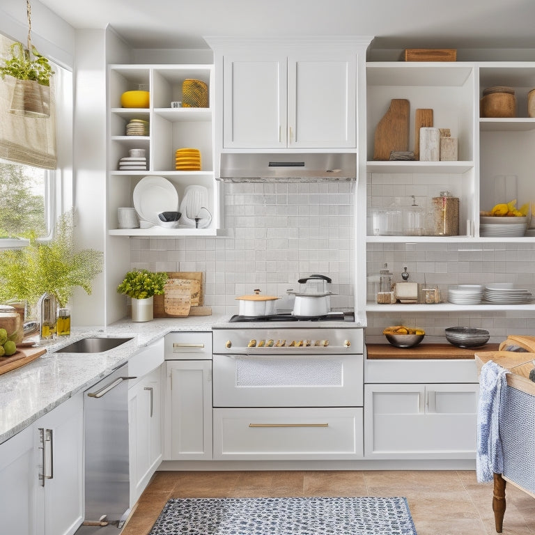 A bright, modern kitchen with white cabinets, featuring a variety of DIY storage shelves, including a pull-out spice rack, a slide-out trash can, and a Lazy Susan corner shelf.