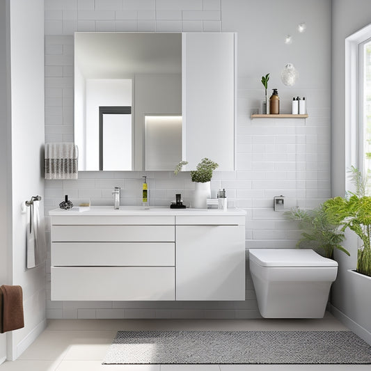 A modern bathroom with a sleek, wall-mounted sink and a matching mirrored cabinet, surrounded by various IKEA bathroom furniture and decor, set against a clean, white background.