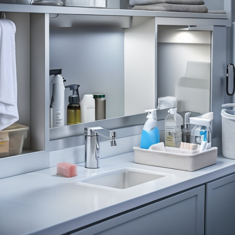 A tidy under-sink area with a sleek, slide-out drawer containing a neatly arranged assortment of cleaning supplies, a soap dispenser, and a few rolled-up towels, set against a calm, light-gray background.