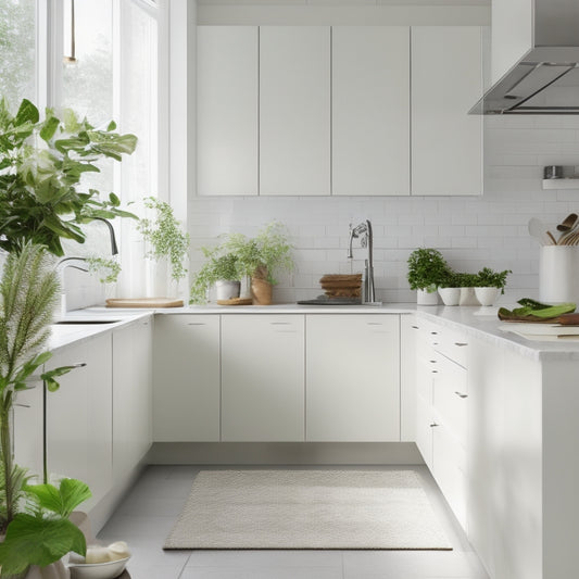 A serene, white kitchen with a few, carefully-placed utensils and a vase with fresh greenery on a minimalist countertop, surrounded by sleek, handle-less cabinets and a spotless floor.