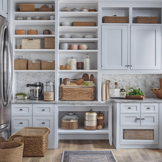 A clutter-free kitchen with a mix of open and closed storage, featuring a pull-out pantry with labeled baskets, a utensil organizer on the counter, and a wall-mounted spice rack with small baskets.