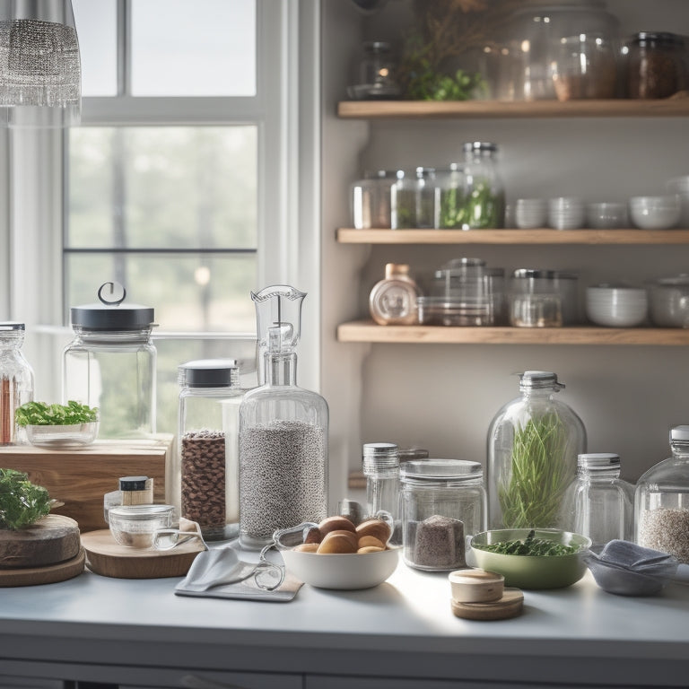 A tidy kitchen countertop with various transparent containers of different shapes and sizes, stacked and organized on a wooden shelf, surrounded by a few kitchen utensils and a soft, natural light.