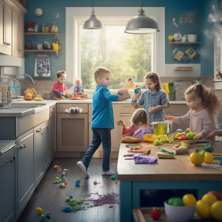 A tidy kitchen with a large island, stainless steel appliances, and a few scattered toys, surrounded by happy, messy children in the background, with a faint soap bubble trail leading to a sparkling clean sink.