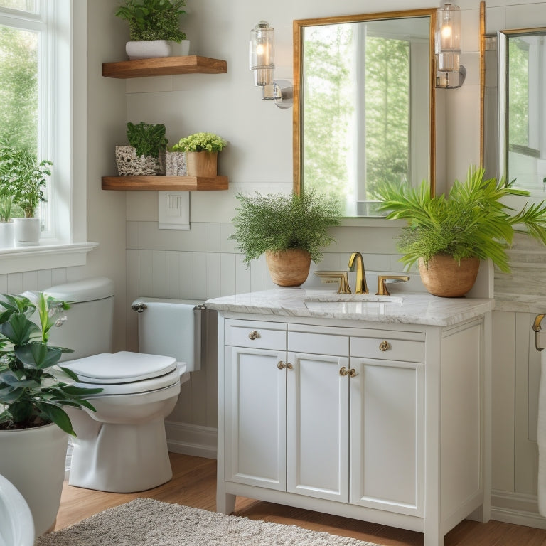 A serene bathroom with a double sink vanity, white cabinets, and a large mirror, featuring a organized countertop with a soap dispenser, toothbrush holder, and a few decorative plants.