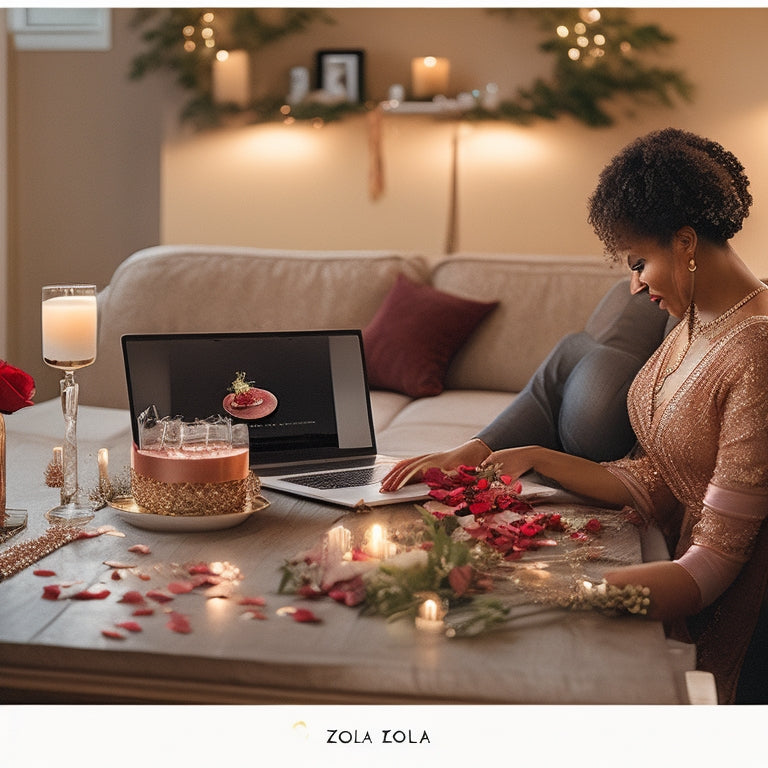 A warm, golden-lit scene of a newlywed couple's home, with elegant, wrapped gifts and a laptop open to Zola's website, surrounded by champagne flutes and scattered rose petals.