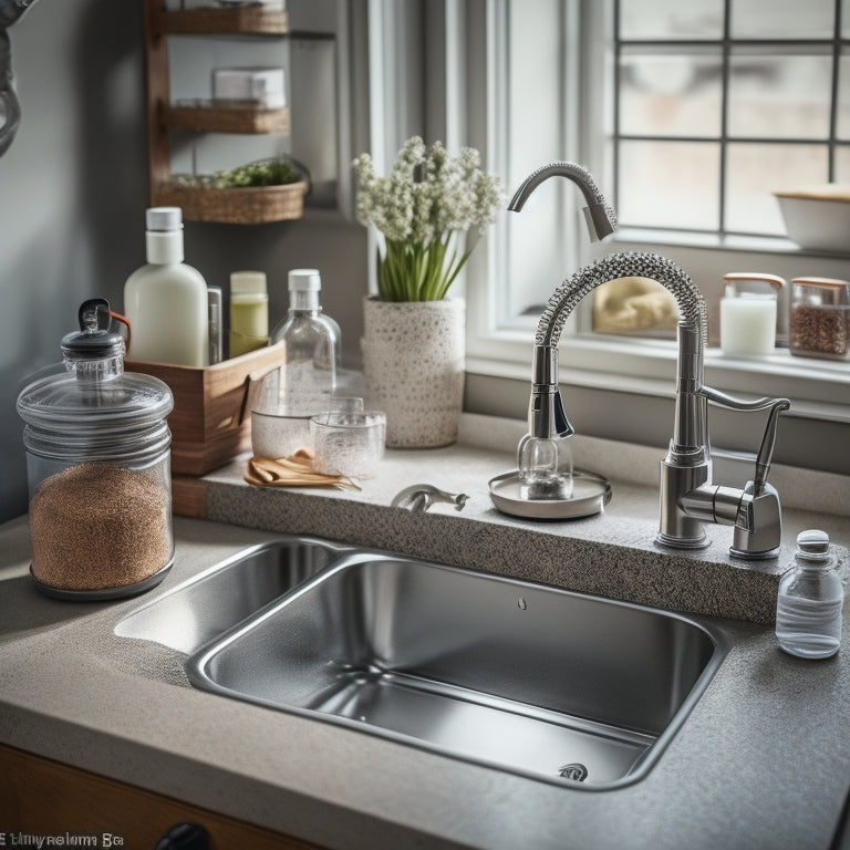 A stainless steel sink with a cluttered countertop, surrounded by soap bottles, sponges, and dirty dishes, transitioning to a tidy and organized space with a DIY sink organizer kit installed.