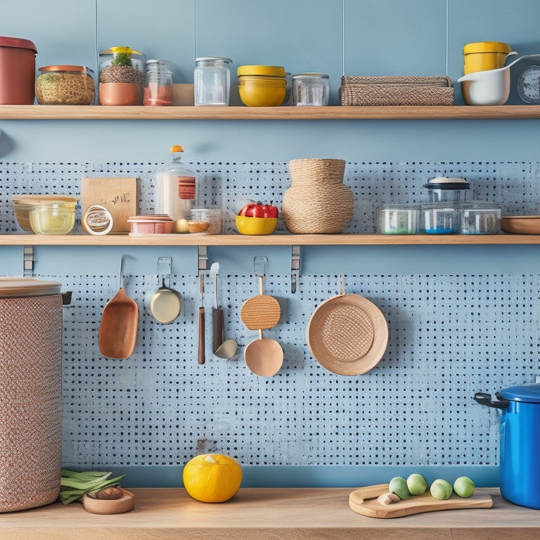 A stylized kitchen with a pegboard on the wall, holding various lids of different sizes and shapes, alongside a wooden utensil organizer with built-in lid slots and a few lids stacked in a woven basket on the counter.