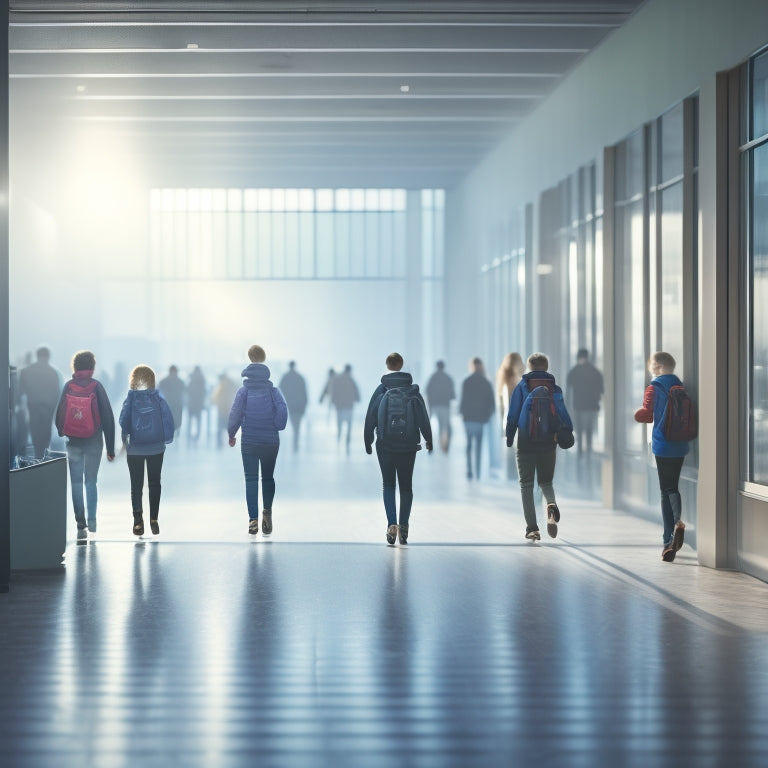 An illustration of a bright, well-ventilated school hallway with a subtle gradient of fresh air symbolized by gentle, swirling mist, and a few happy, healthy students walking in the distance.