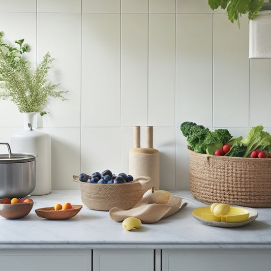 A clean and organized kitchen with a minimalist aesthetic, featuring a few carefully selected AIP-friendly food items, such as a bowl of fresh berries and a basket of organic vegetables, on a clutter-free countertop.