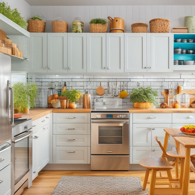 A bright, modern kitchen with white cabinets, stainless steel appliances, and warm wood countertops, featuring a pegboard with hung utensils, a tiered spice rack, and a compact island with a built-in trash can.