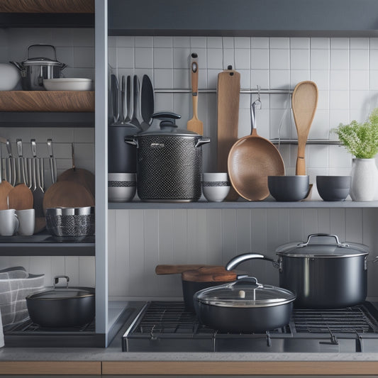 A kitchen utensil organizer with stacked pots and pans in a sleek, modern cabinet, surrounded by gleaming countertops and a few strategically placed kitchen towels.