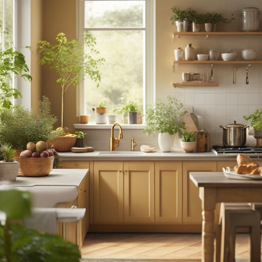 A serene kitchen with a warm, golden light, featuring a tidy island, neatly arranged cookbooks, and a few potted plants on the countertops, surrounded by soft, creamy walls and a minimalist wooden table.