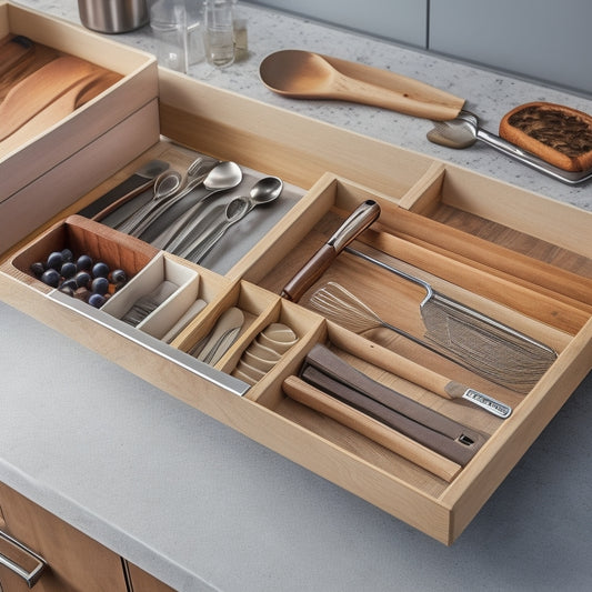 A clutter-free kitchen drawer with adjustable dividers, containing a neatly organized assortment of utensils, including a chef's knife, whisk, wooden spoons, and stainless steel cookware, in a warm, modern kitchen setting.