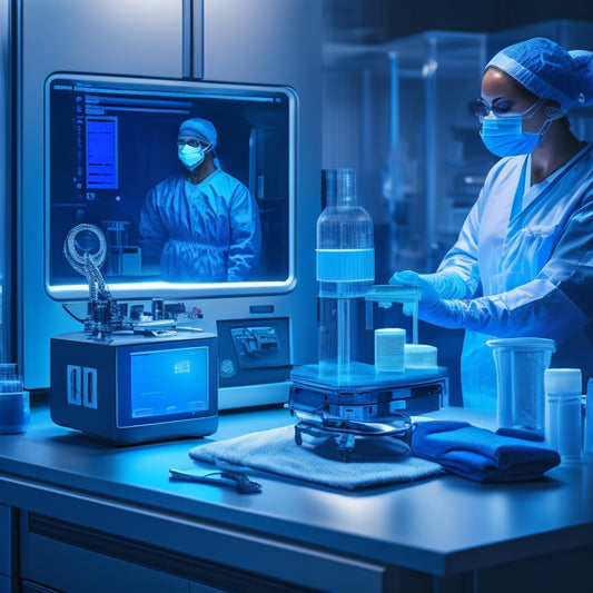 A sterile, blue-lit medical laboratory with a TEE ultrasound probe on a stainless steel counter, surrounded by gleaming medical equipment, and a hint of a medical professional's gloved hand in the background.