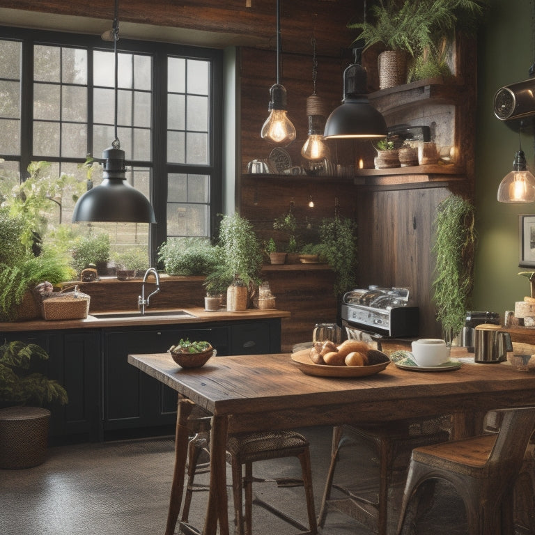 A warm, inviting kitchen with espresso machine, coffee beans, and ornate coffee cups on a reclaimed wood countertop, surrounded by industrial-chic pendant lights and a living green wall.