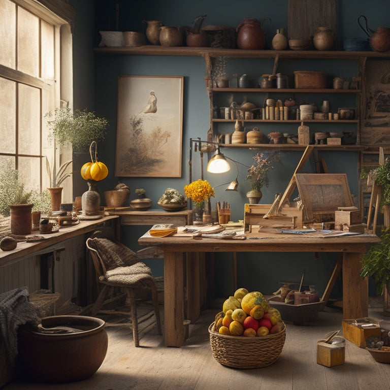 A tidy, well-lit art studio with organized shelves, a central worktable, and easels, featuring a still life setup with fruit and vases, surrounded by paintbrushes, canvases, and artistic supplies.