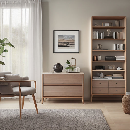 A serene, minimalist living room with a few, carefully chosen decorative items, featuring a sleek, wooden desk with neatly labeled drawers and a tidy bookshelf in the background.