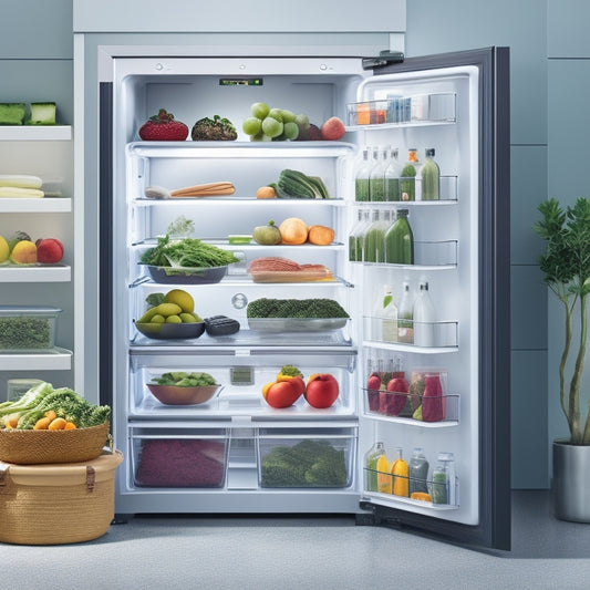 A modern, sleek refrigerator with adjustable shelves, baskets, and compartments in various shapes and sizes, filled with organized fruits, vegetables, meats, and dairy products.