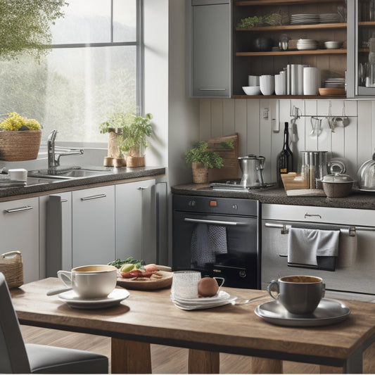 A bright, modern kitchen with a central island, stainless steel appliances, and a few open cookbooks, surrounded by scattered recipe notes, utensils, and a single, steaming cup of coffee.