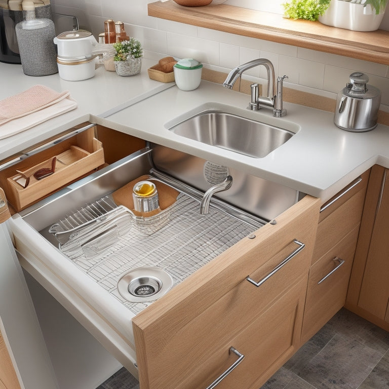 A tidy kitchen sink area with a Rev-A-Shelf sink base organizer installed, featuring two pull-out drawers with chrome handles, and a utensil holder, surrounded by a warm, beige-colored countertop and backsplash.