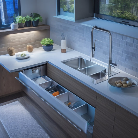 A modern kitchen with sleek countertops, featuring a Rev-A-Shelf sink base storage system with pull-out drawers, polished metal handles, and a subtle LED light strip beneath the sink area.