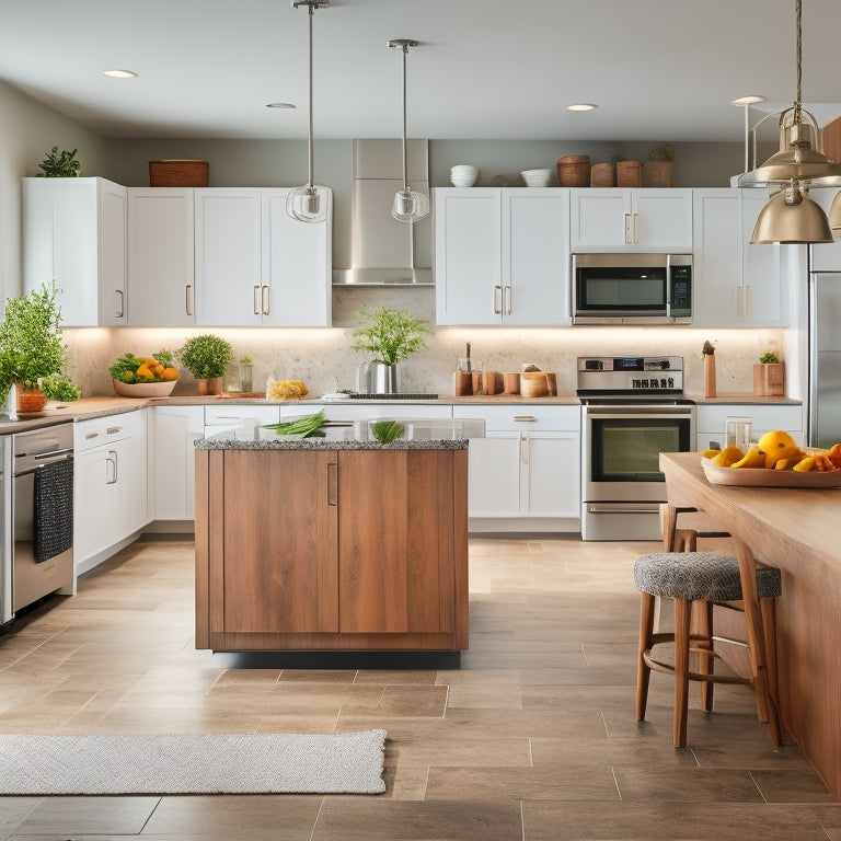 A bustling kitchen scene with sleek, modern appliances, a large island, and ample counter space, featuring a harmonious blend of warm wood tones, crisp whites, and stainless steel accents.