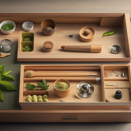 A kitchen drawer with multiple compartments and dividers, containing various pot-friendly items like silicone utensils, bamboo kitchen tools, and a few small cannabis-themed accessories, on a warm, light-wood background.