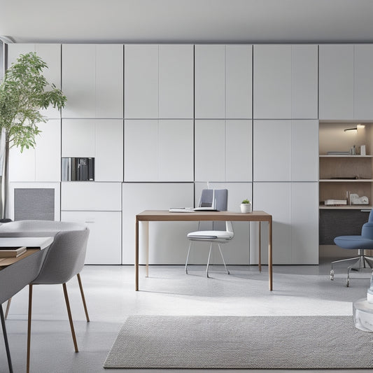 A modern, minimalist home interior with sleek, floor-to-ceiling storage units, retractable shelves, and a hidden sliding door revealing a clutter-free, well-lit workspace with a built-in desk and ergonomic chair.