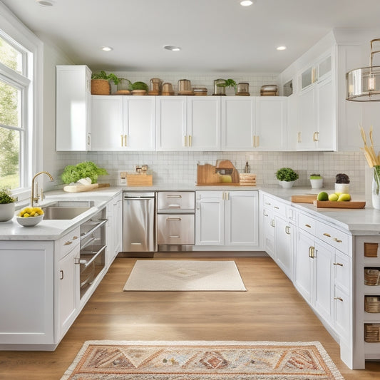 A bright, modern kitchen with sleek white cabinets, a large island, and a standout walk-in pantry with built-in shelves, baskets, and a pegboard, surrounded by warm, natural light.