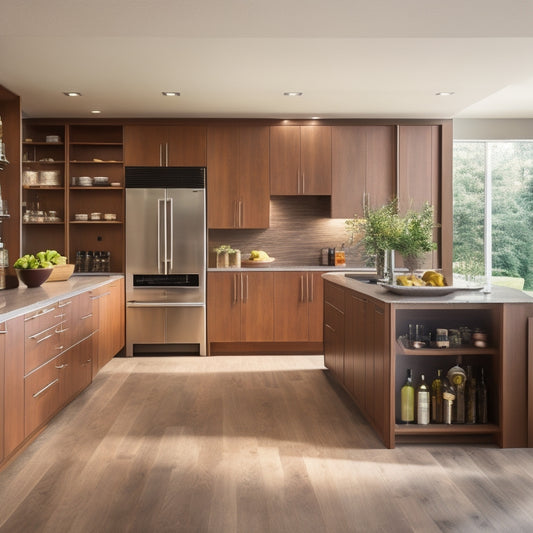 A sleek, modern kitchen with floor-to-ceiling cabinetry in a warm, honey-brown wood tone, featuring pull-out spice racks, a built-in wine fridge, and a central island with a breakfast bar.