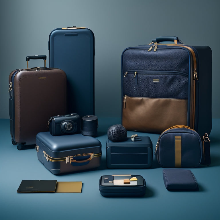 A sleek, black suitcase with multiple compartments and pockets, surrounded by organized travel accessories like packing cubes, travel wallets, and portable chargers, set against a clean, minimalist background.