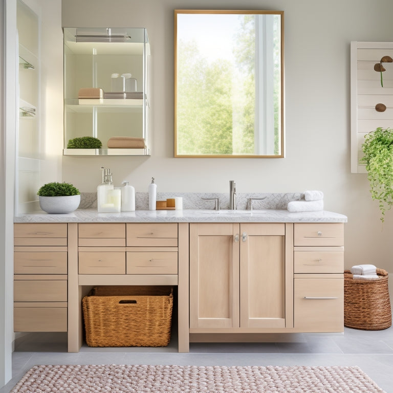 A serene, modern bathroom with gleaming white countertops, featuring a beautifully arranged collection of bathroom organizers, including wicker baskets, stainless steel shelves, and a sleek, wall-mounted cabinet.