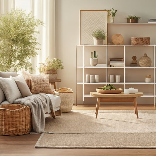 A serene, sunlit living room with a minimalist aesthetic, featuring a sleek, wall-mounted shelving unit, a clutter-free coffee table, and a woven basket holding neatly rolled throw blankets.