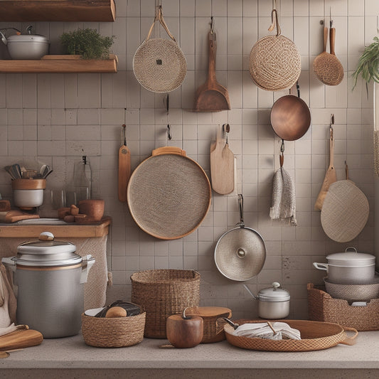 A serene kitchen scene featuring a mix of modern and rustic elements, with pots and pans of varying sizes suspended from a wooden pegboard, while others nestle in a woven basket on a countertop.