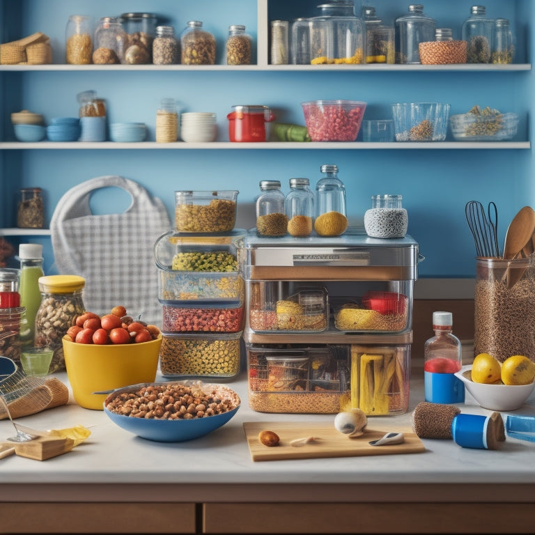 A cluttered kitchen counter with scattered utensils, toys, and food items transforming into an organized space with labeled jars, a utensil organizer, and a kid-friendly snack station.