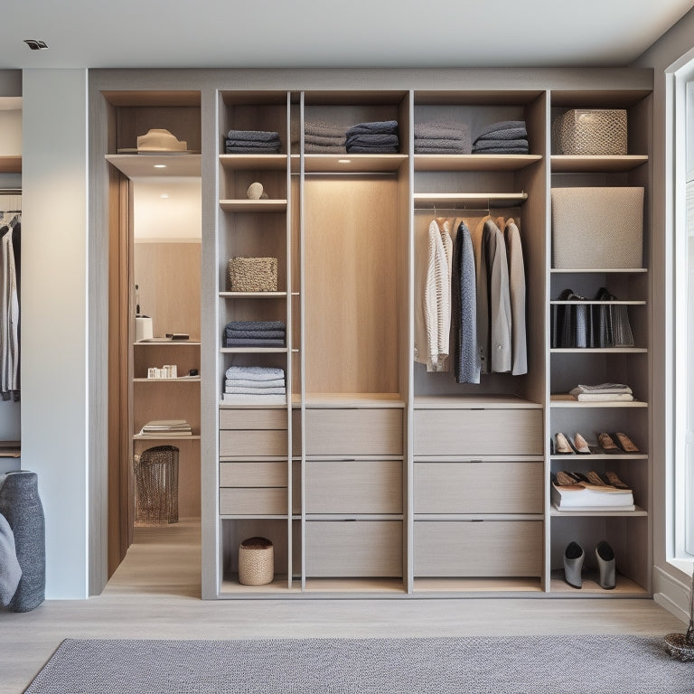 A serene, minimalist closet interior with a floor-to-ceiling sliding glass door, showcasing a double-rod system, built-in shelves, and a built-in dresser with a tufted ottoman in the center.